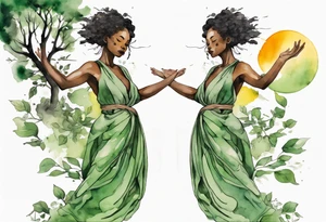 a tree that turns into a black woman reaching with her arms towards the sun, wearing a green tunic tattoo idea