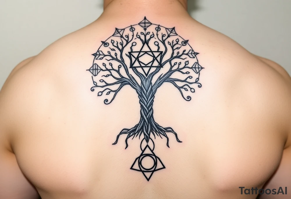 geometrical mystical tree of life with the star of David and cross cosmic roots and celestial symbols branches with HIV-positive symbol at bottom tattoo idea