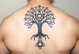 geometrical mystical tree of life with the star of David and cross cosmic roots and celestial symbols branches with HIV-positive symbol at bottom tattoo idea