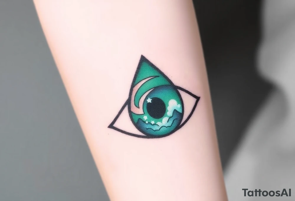 Large outline of an almond shaped eye with a spade inside as the eyeball colored greenish blue with a crescent moon stars and clouds inside vivid colors blue green purple tattoo idea