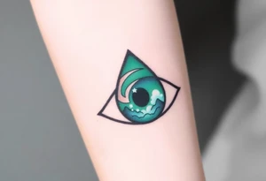 Large outline of an almond shaped eye with a spade inside as the eyeball colored greenish blue with a crescent moon stars and clouds inside vivid colors blue green purple tattoo idea