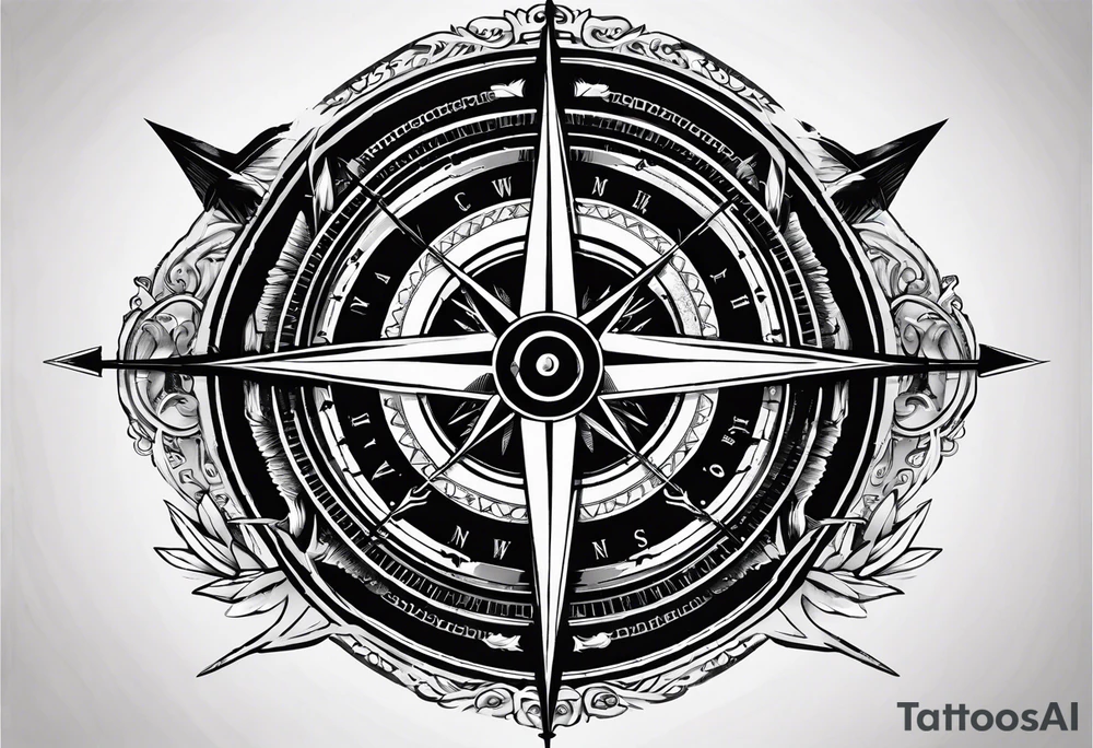 vintage compass with guy faux mask integrated. Slashed lettering for the navigational directions and long fencing swords as the arrows tattoo idea