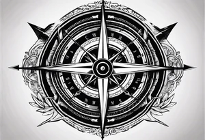 vintage compass with guy faux mask integrated. Slashed lettering for the navigational directions and long fencing swords as the arrows tattoo idea