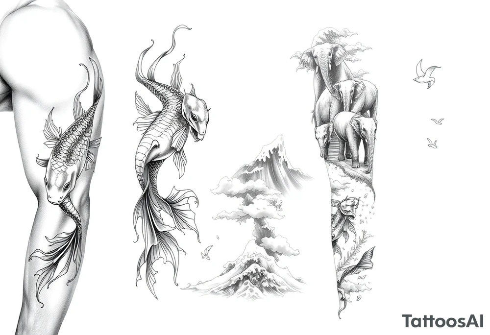 Koi fish and elephants with a wave design and underwater mountains  to go on the arm with alot of shading and intricate details tattoo idea