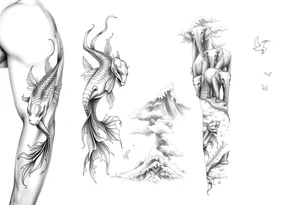 Koi fish and elephants with a wave design and underwater mountains  to go on the arm with alot of shading and intricate details tattoo idea