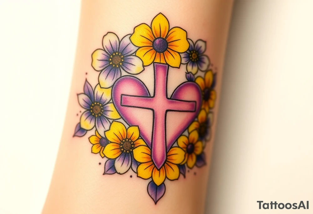 Yellow daisy Purple Hearts around a cross tattoo idea