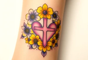 Yellow daisy Purple Hearts around a cross tattoo idea