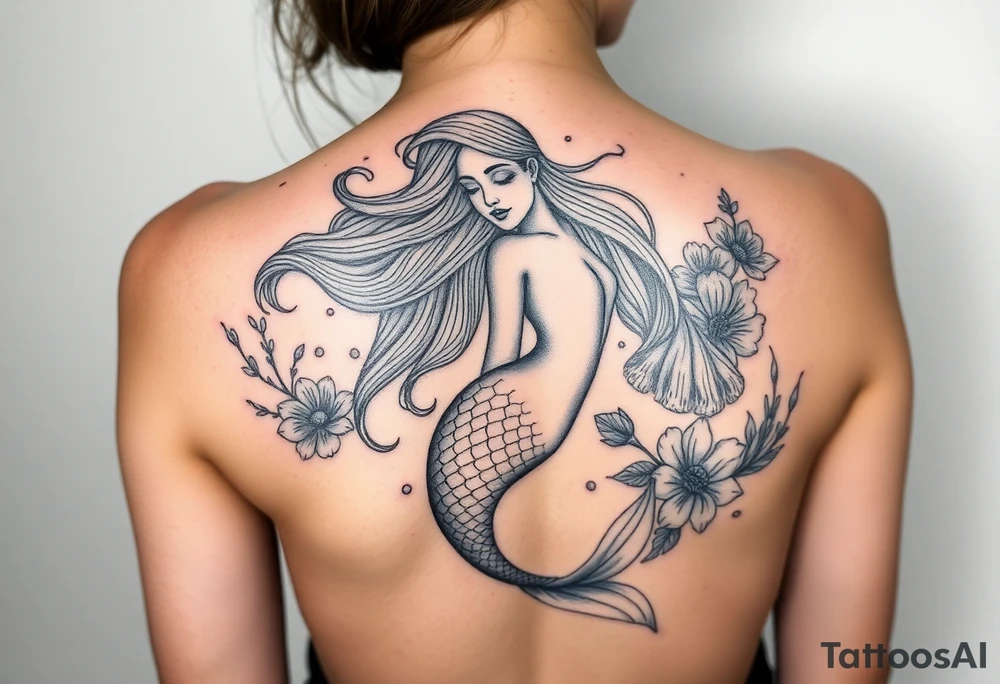 ethereal mermaid with flowing hair among coral and sea flowers tattoo idea