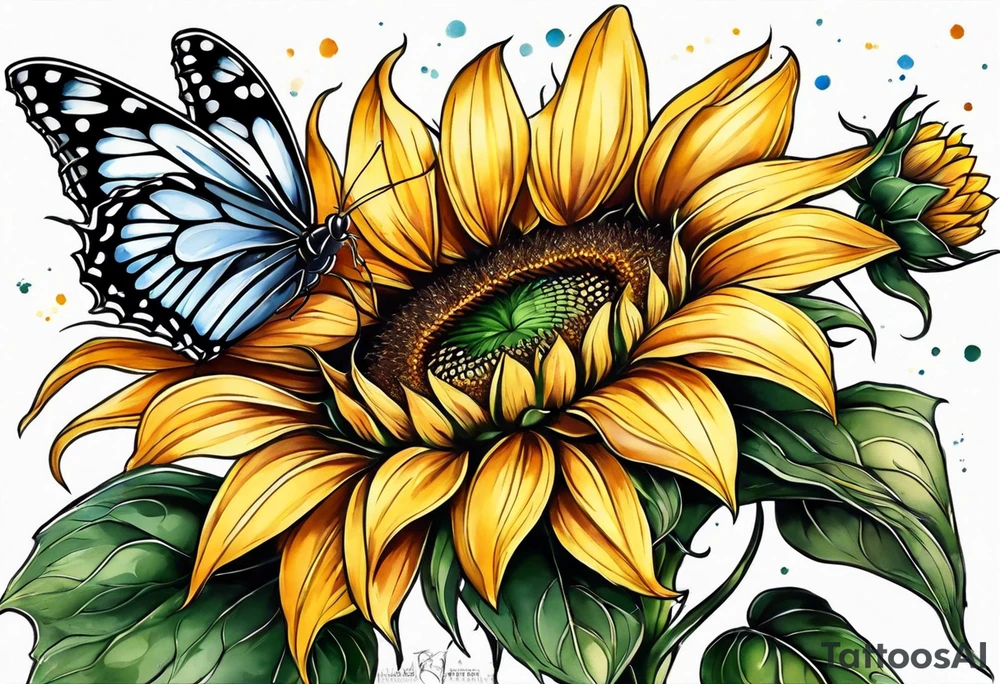 Sunflower with butterfly half leg sleeve tattoo idea
