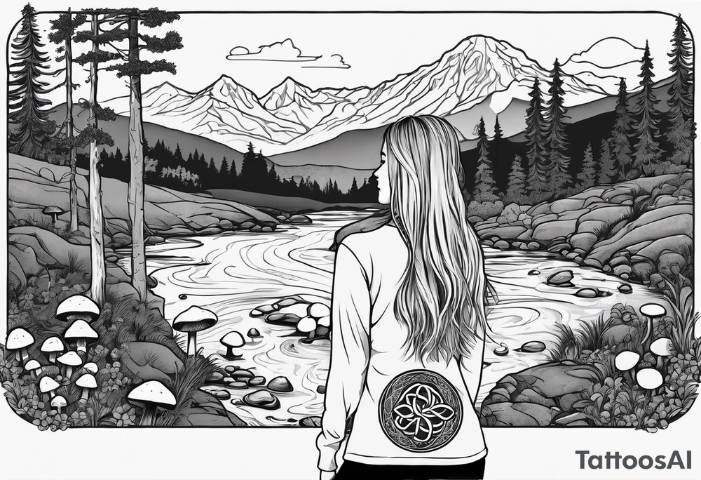 Whole picture encircled fully

Straight long blonde hair hippie girl in distance holding mushrooms in hand facing away toward mountains and creek surrounded by mushrooms long sleeve shirt and hiking pants; whole rendering within a full celtic circle border, no cut off circle tattoo idea