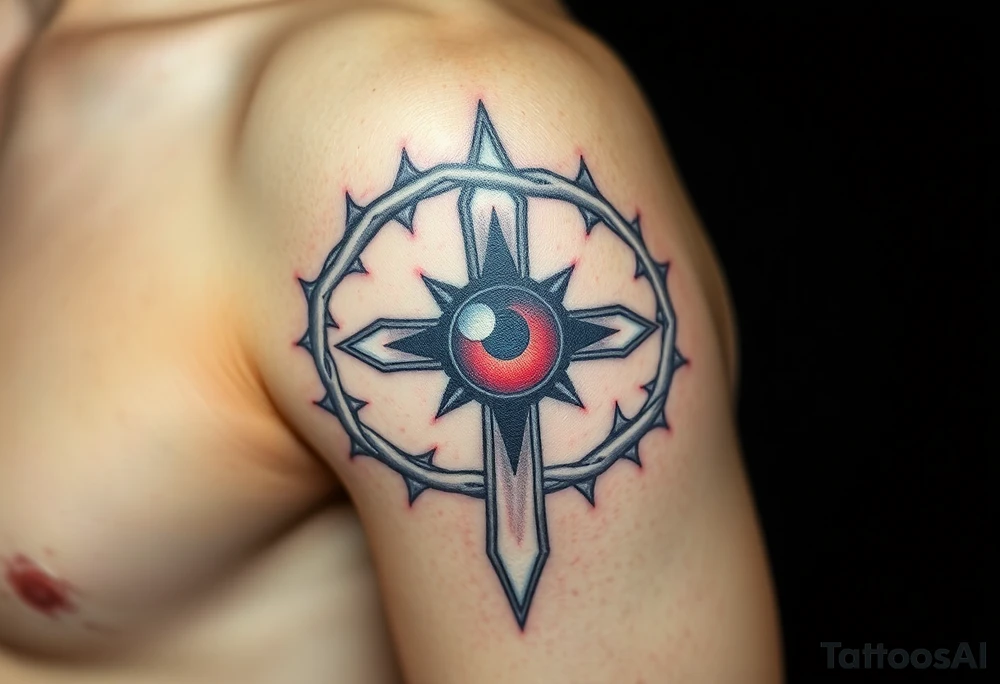 A Crown of Thorns Around a red-Eyed Cross tattoo idea
