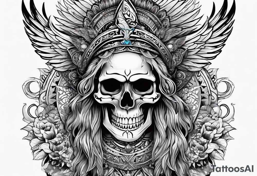 kali, goddess pirate, pachamama, warrior, skull, lotus azul, wing, eagle, zenza resonance tattoo idea