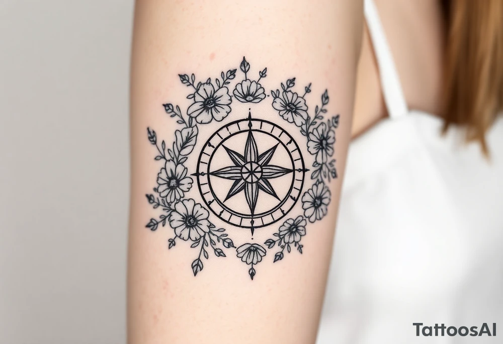 Abstract Compass surrounded with wild flowers tattoo idea