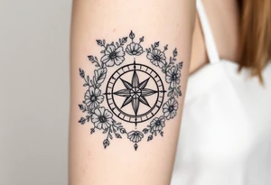 Abstract Compass surrounded with wild flowers tattoo idea