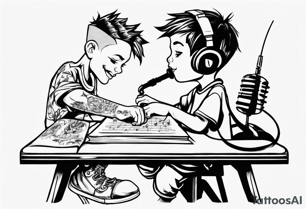 boy sitting at desk humming music tattoo idea