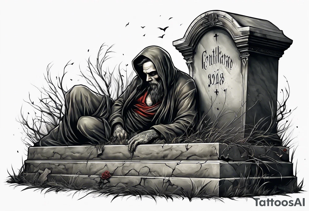 Man crawling out of grave. 
MIW Reincarnate written on gravestone tattoo idea