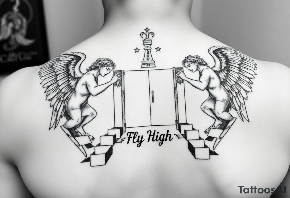 Chess tattoo and black & white realistic.
 2 angels, one on each side of heaven'sthat's great with the male big ear walking up the steps and a woman Andrew over the top.  Of the gates have body on my neck in the middmetal with text saying fly high baby boy tattoo idea