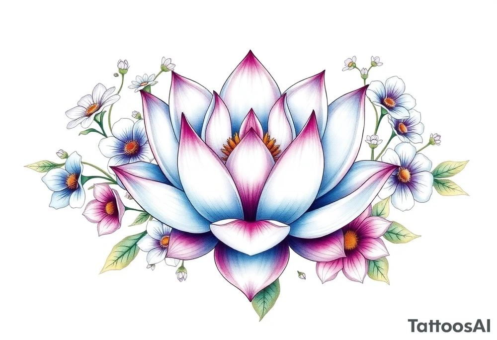 Lotus flower surrounded by forget me nots and peonies tattoo idea
