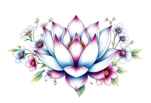 Lotus flower surrounded by forget me nots and peonies tattoo idea