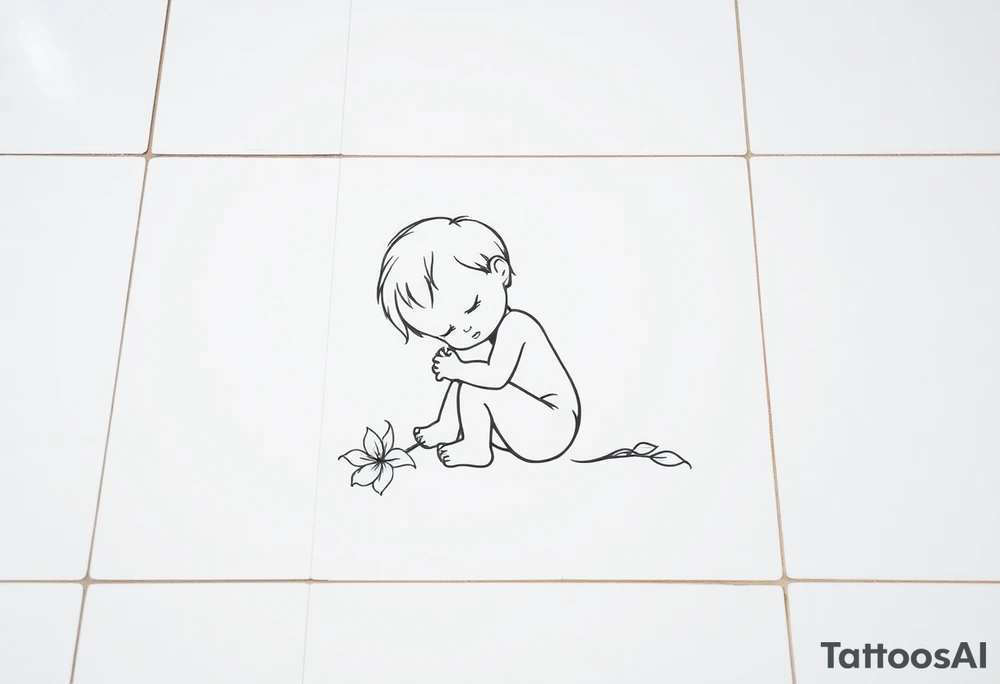 A simple tile floor with a minimalist outline of a curled up child sitting on the floor with a lily next to her tattoo idea