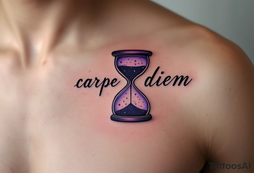 Elegant serif black ink "carpe diem" paired with a purple hourglass filled with stars, hinting at cosmic time on the back side of tight. tattoo idea