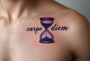 Elegant serif black ink "carpe diem" paired with a purple hourglass filled with stars, hinting at cosmic time on the back side of tight. tattoo idea