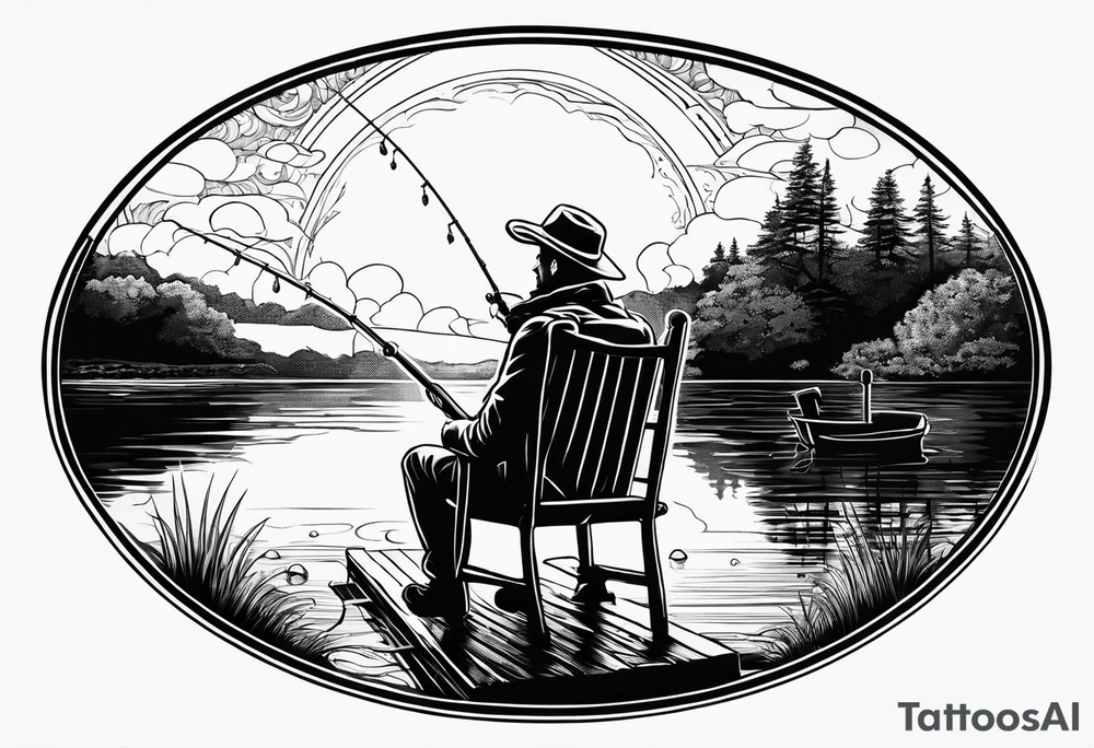 Man with halo  sitting in chair on dock 
fishing in a pond from a distance tattoo idea