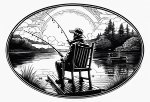 Man with halo  sitting in chair on dock 
fishing in a pond from a distance tattoo idea