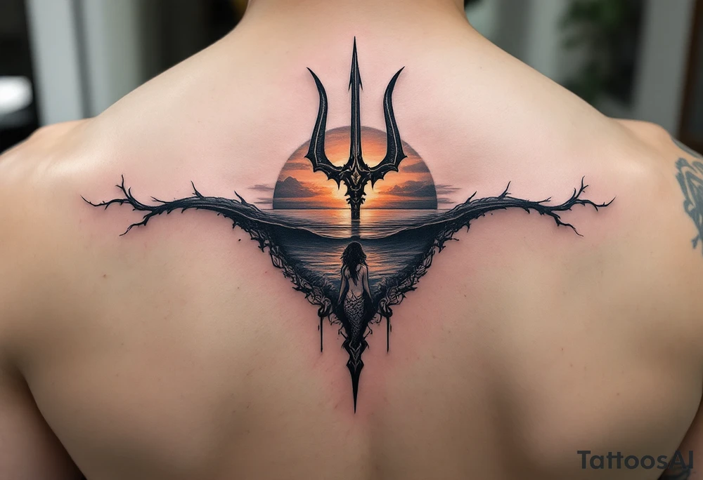 trident half way under calm water with sunset and mermaid tattoo idea