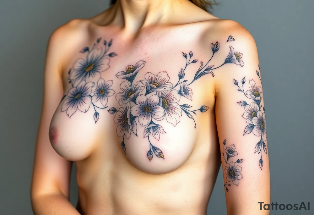 This tattoo is on a woman. It starts on her left side of the chest on the pectoral with a Glaiolus and Daisy together, then the tattoo rises over the left shoulder and down the arm and ends at the elbow. The tattoo will include a primroses, Calla Lilys, and Lillys. It will be light on color except in the petals and has light shading to make it pop. It will not wrap around the chest but rather bloom upwards from the pectoral and spill over the shoulder and down to the elbow. tattoo idea