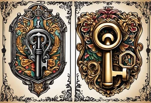 couple tattoos of an old antique key and lock, when the tattoos are side by side they look like the key unlocks the lock. tattoo idea