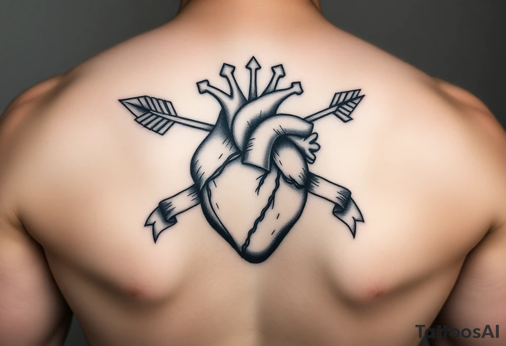 anatomical heart pierced by ornate arrow with flowing ribbons tattoo idea