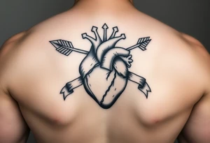 anatomical heart pierced by ornate arrow with flowing ribbons tattoo idea