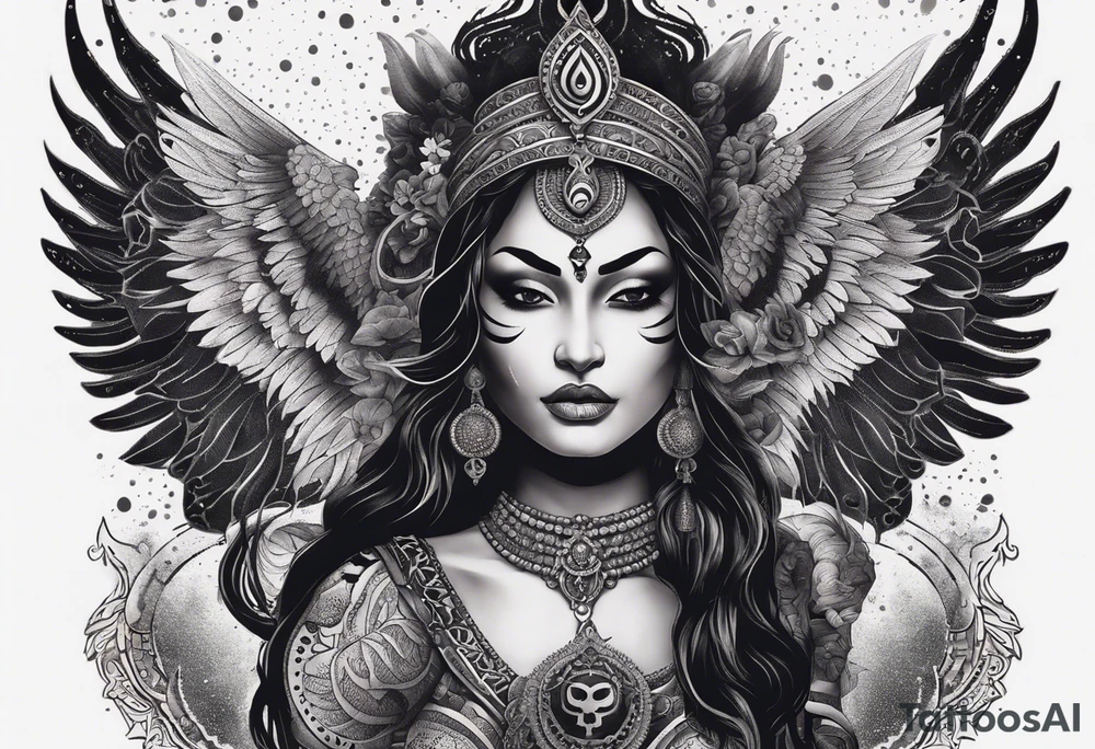 black kali, goddess pirate, alien, angel, pachamama, valkrye, warrior, flying, skull, lotus azul, wing, eagle, zenza resonance, stars, 5D, anahata chakra, death, durga, riding on a tiger, flying lady, kundalini, chest tatoo, samuri, rebel, serpent tattoo idea