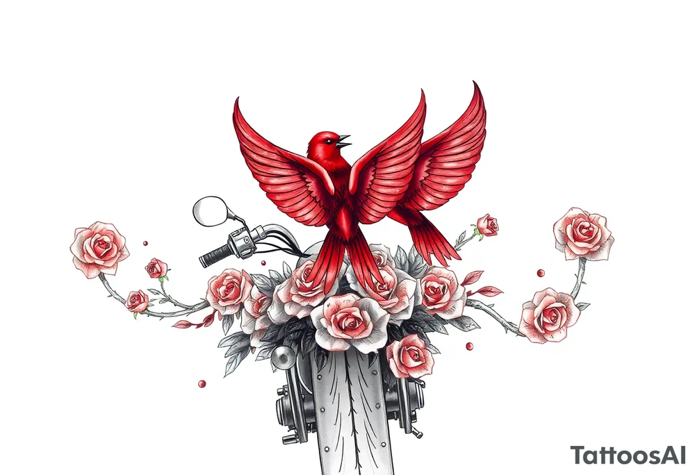 Motorcycle driving away, two red birds flying, roses and lace, flames tattoo idea