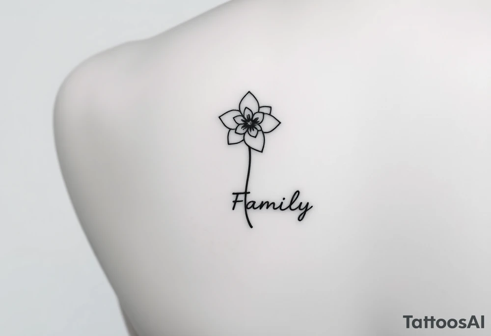 fine-line narcissus flower on my inner wrist, with the stem flowing down into the word Family in soft cursive, and Joshua 24:15 in tiny clean text underneath. photo of it tattoo idea