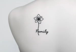 fine-line narcissus flower on my inner wrist, with the stem flowing down into the word Family in soft cursive, and Joshua 24:15 in tiny clean text underneath. photo of it tattoo idea