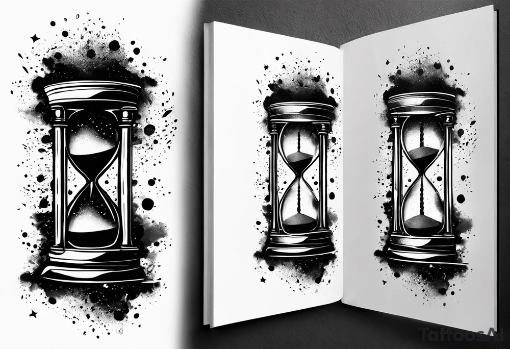 Hourglass, cosmic dust exploding from the top and bottom of the hourglass. Long tattoo to fit on the forearm, masculine, minimalist, 3 tiers tattoo idea
