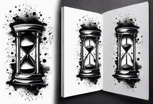 Hourglass, cosmic dust exploding from the top and bottom of the hourglass. Long tattoo to fit on the forearm, masculine, minimalist, 3 tiers tattoo idea