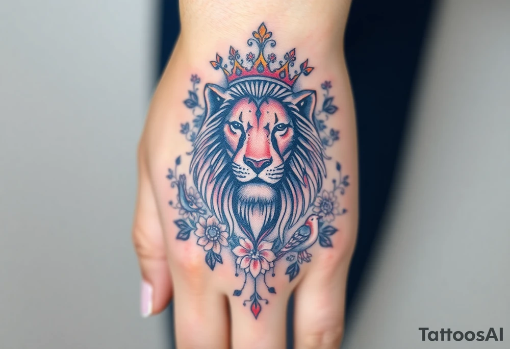 powerful majestic lion with a crown, surrounded by floral ornaments and birds tattoo idea