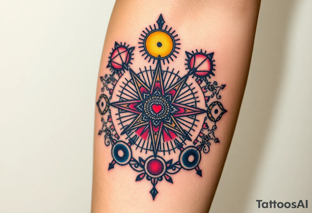 A symbol of victory over enemies surrounded by symbols of meditation and a new life tattoo idea