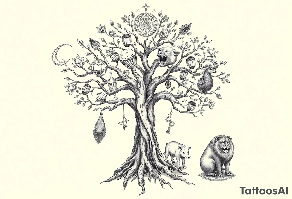 mystical tree of life with cosmic roots and celestial branches fat naked sexy woman , peacock , pig , cupcakes, liquor, cigerette, Storm clouds, pig, peacock , fat sexy naked fat woman, cupcakes, noose , money, goat, lion, couple having sex, cigerette storm lightening, killing, darkness tattoo idea