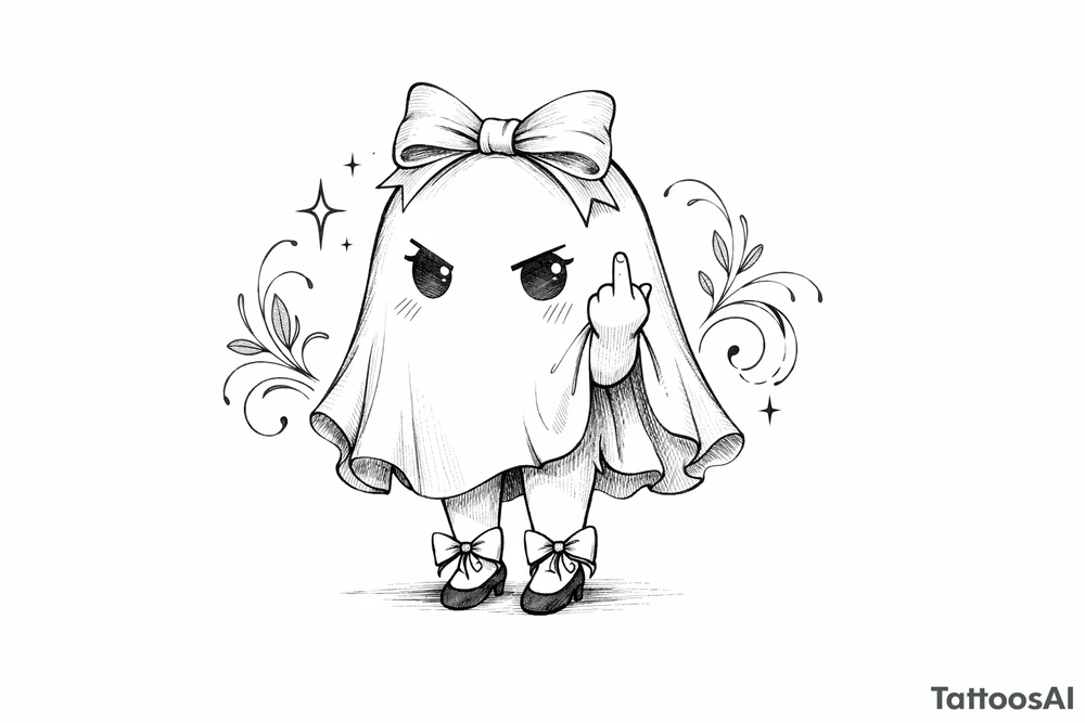 Cute ghost with legs in a bow giving the bird, anime style, soft shading, small. tattoo idea