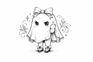 Cute ghost with legs in a bow giving the bird, anime style, soft shading, small. tattoo idea
