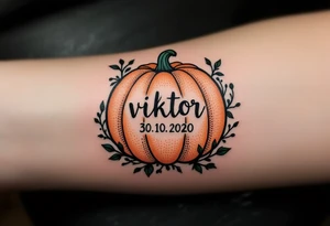 Viktor 30. 10. 2020 – A dark forest green and burnt orange pumpkin design, surrounding Viktor's birthdate, with black vine details for a spooky touch. tattoo idea