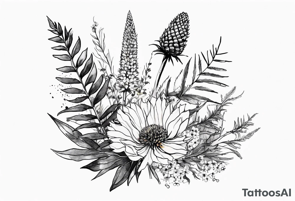spread out mixed wildflower bouquet with ferns, thistle and with watercolor tattoo idea