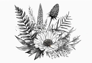 spread out mixed wildflower bouquet with ferns, thistle and with watercolor tattoo idea