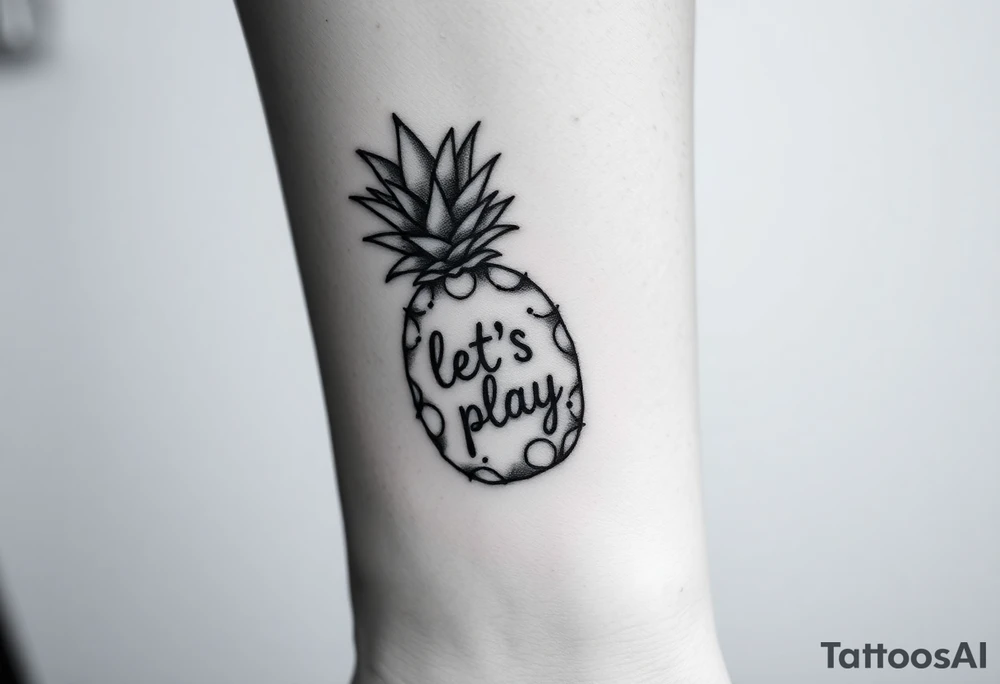 A black ink wrist tattoo featuring a realistic yet minimalistic pineapple. The pineapple is finely detailed with clean, precise lines, capturing the natural texture of the fruit while keeping the design subtle and uncluttered. Inside the body of the pineapple, the phrase "Let's play" is clearly placed in a bold but not overly thick font, ensuring readability while maintaining balance with the overall design. The leaves of the pineapple have a fine-line style with slight variations in thickness for a natural feel. The tattoo blends fine details with subtle bold elements, creating a clean and modern aesthetic. tattoo idea