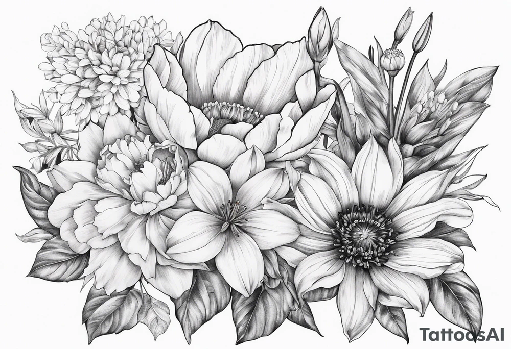 Bouquet with one Lily one sunflower one peony one cherry blossom and one tulip tattoo idea