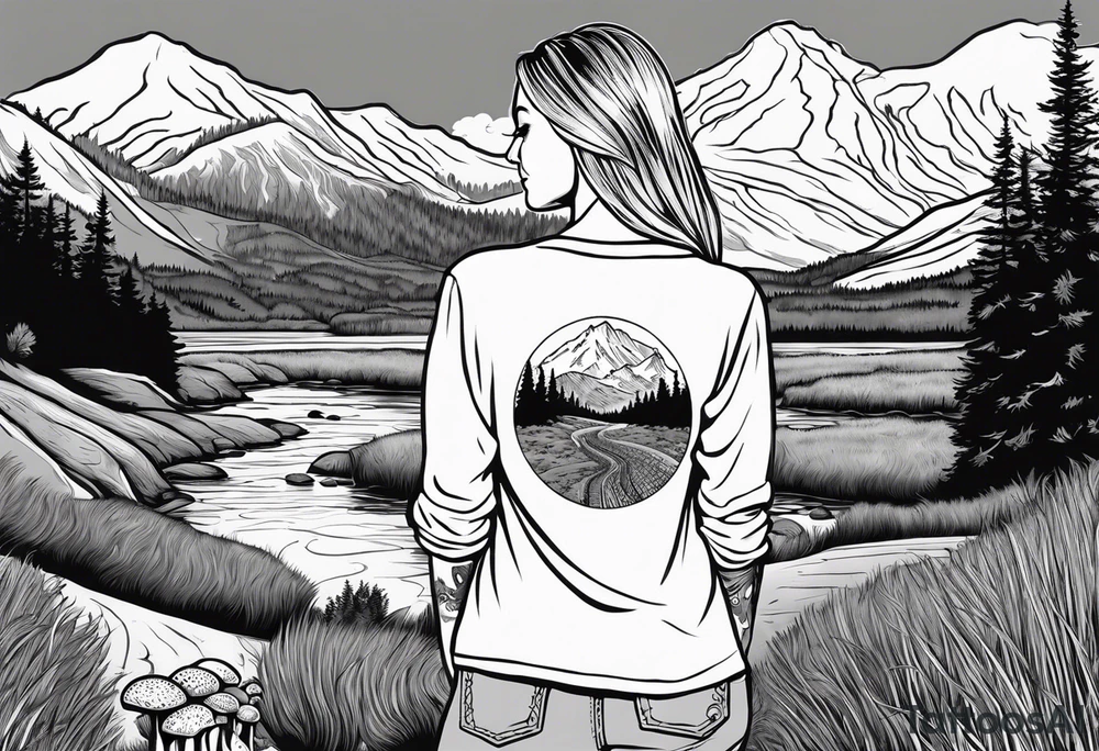 Whole picture encircled fully

Straight long blonde hair hippie girl in distance holding mushrooms in hand facing away toward mountains and creek surrounded by mushrooms long sleeve shirt and hiking pants; whole rendering within a full circle, no cut off circle tattoo idea